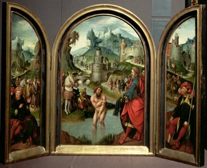 Triptychon der Reinigung von Naaman: Das Mittelteil zeigt Naaman, den Kommandanten der syrischen Armee, der im Jordanfluss badet, um seine Lepra auf Befehl des Propheten Elisha zu heilen